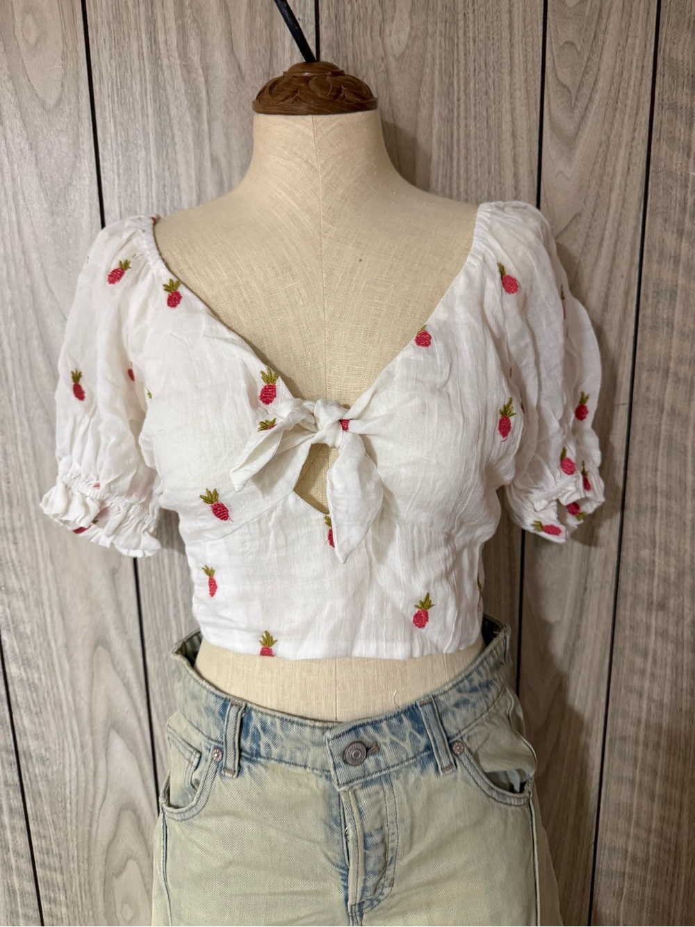 Free People Tie-Front Embroidered Crop Top